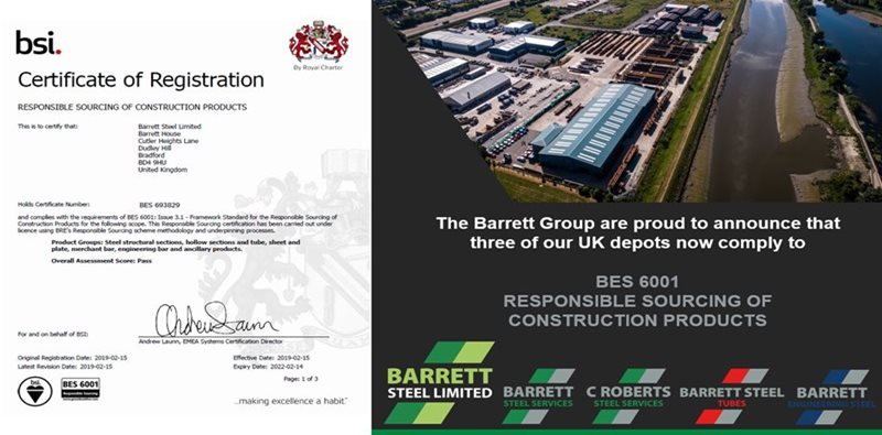 Barrett Steel secures BES 6001 Responsible Sourcing Accreditation